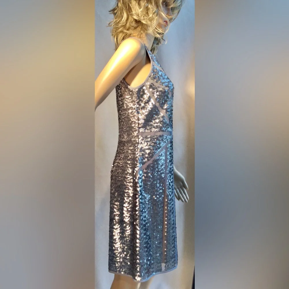 VINCE CAMUTO silver and gray sequined shift midi dress Sleeveless Crew neck S 6 - Picture 5 of 14